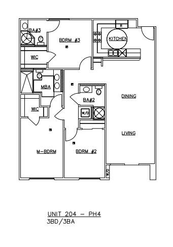 Floor plan for 3 beds, 3 baths, 1288 sqft